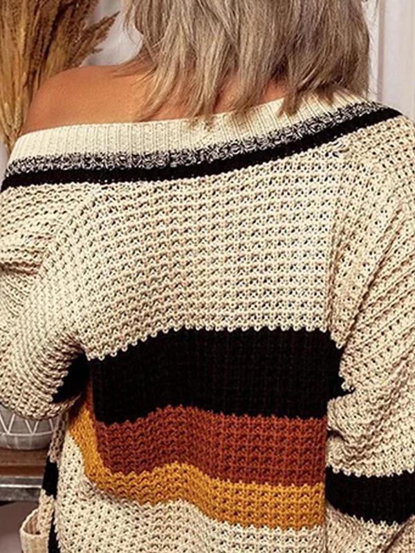 Women's Colorblock Striped Print Drop Shoulder Cardigan, Casual Long Sleeve Open Front Pocket Cardigan Sweater for Fall & Winter, Fashion Ladies' Knit Clothing for Daily Wear